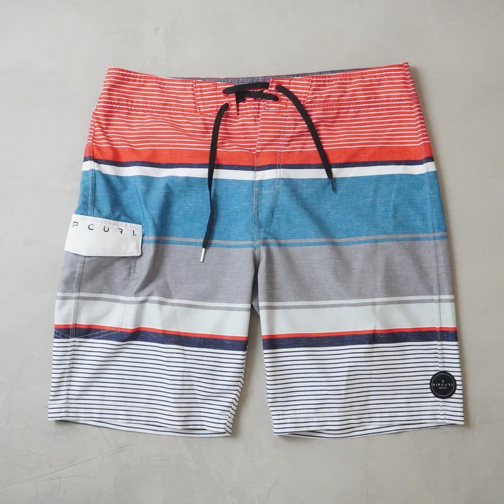Rip Curl Mens Board Shorts Size 34 Striped Orange Blue Swim Trunks Surf 8292